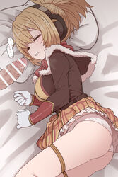  1boy bad_id bad_pixiv_id bar_censor blonde_hair brown_jacket censored female headphones highres jacket long_sleeves lying megido72 on_bed on_side panties penis pillow ponytail shax_(megido72) sleep_molestation sleeping smelling smelling_penis solo_focus straight sumiyao_(amam) underwear white_panties 