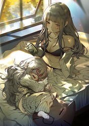  2girls absurdres alarm_clock ass barefoot bed black_bra black_panties blush bra breasts bsue cleavage clock commentary_request facial_mark g11_(girls&#039;_frontline) girls&#039;_frontline green_eyes grey_hair highres hk416_(girls&#039;_frontline) indoors long_hair lying multiple_girls navel off_shoulder on_bed on_side open_mouth pajamas panties pillow sitting sleep_mask sleeping soles sparkle strap_slip underwear white_panties window 