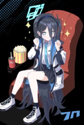  absurdres aris_(blue_archive) black_hair black_socks blue_archive blue_eyes female food hair_between_eyes halo highres long_hair looking_at_viewer popcorn socks solo thighs thomason366 