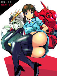  ass bad_id bad_pixiv_id black_footwear black_legwear black_panties blue_eyes blue_skirt brown_hair buttons char&#039;s_counterattack commentary_request cosplay double-breasted female garter_straps gundam high_heels jacket kamisimo_90 kneepits legs legs_together lying mecha necktie nu_gundam on_side panties presenting red_necktie robot sazabi science_fiction shirt short_sleeves skirt smile thighhighs thighs twintails_nurse_(kamisimo_90) underwear uniform v-fin white_shirt 