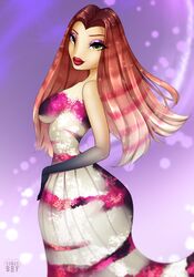  abstract_background absurd_res anthro artist_name breasts digital_media_(artwork) dreamworks eyebrows eyelashes eyeshadow female fish hair hi_res lips lola_(shark_tale) long_hair looking_at_viewer makeup marine red_lips scales shaded shark_tale small_waist solo striped_hair v3nusbby 