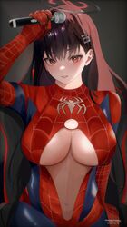  alternate_costume animal_print black_hair blue_archive blush breasts brown_hair cleavage_cutout clothing_cutout commentary_request cosplay female hair_ornament hairclip halo heart highres hitachi_magic_wand holding holding_sex_toy instagram korean_commentary large_breasts long_hair looking_at_viewer marvel matchacha navel_cutout red_eyes rio_(blue_archive) sex_toy solo spider-man spider-man_(cosplay) spider-man_(series) spider_print spider_web_print textless_version underboob vibrator 