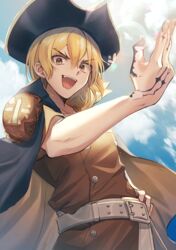  1boy :d black_hat blonde_hair brown_eyes brown_jacket cape cloud commentary_request day dr._stone grey_cape hair_between_eyes hat jacket lens_flare looking_at_viewer male_focus nanami_ryuusui nanase_(nns_6077) outdoors pirate_hat short_hair short_sleeves smile solo 