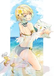  aqua_bikini aqua_eyes artist_name ass atoatto bikini blonde_hair breasts character_doll feh_(fire_emblem_heroes) female fire_emblem fire_emblem_heroes fjorm_(fire_emblem) fjorm_(summer)_(fire_emblem) flower hair_flower hair_ornament high_heels inflatable_toy looking_at_viewer looking_back medium_breasts official_alternate_costume sandals smile solo swimsuit watermark 