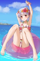  absurdres armpits arms_up bare_shoulders beach bikini blue_sky blush breasts collarbone day fate/grand_order fate_(series) feet female flower_wreath full_body green_bikini grey_hair hair_ribbon head_wreath highres innertube kama_(fate) kama_(swimsuit_avenger)_(fate) kama_(swimsuit_avenger)_(first_ascension)_(fate) knees_up kopaka_(karda_nui) legs looking_at_viewer miniskirt ocean outdoors rainbow_skirt red_eyes ribbon short_hair skirt sky small_breasts smile solo swim_ring swimsuit wet 