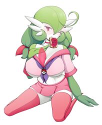  absurd_res big_breasts breasts cleavage clothed clothing female food gardevoir generation_3_pokemon green_hair hair hi_res jelly_(food) lalox legwear nintendo not_furry one_eye_closed pokemon pokemon_(species) simple_background solo thigh_highs white_background wink 