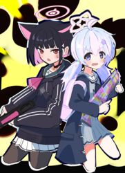  2girls absurdres animal_ears black_hair black_pantyhose blue_archive cat_ears halo highres kazusa_(blue_archive) long_hair looking_at_viewer multicolored_hair multiple_girls pantyhose pink_eyes pink_hair purple_eyes purple_hair reisa_(blue_archive) thighs thomason366 two-tone_hair 