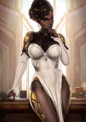  arcane:_league_of_legends artist_name black_choker breasts brown_hair choker commentary cowboy_shot dandon_fuga dark-skinned_female dark_skin detached_sleeves dreadlocks dress earrings facial_mark female fishnets gold_earrings green_eyes hair_bun hair_ornament hand_on_own_chin highres jewelry large_breasts league_of_legends looking_at_viewer mel_medarda pelvic_curtain ring shoulder_plates side_slit solo table thick_thighs thighs very_dark_skin white_dress white_sleeves wooden_table 