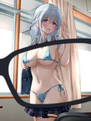  bikini bikini_under_clothes blue_bikini blush breasts chair collarbone collared_shirt commentary_request desk eyes_visible_through_hair eyewear_view female glasses grey_hair hair_between_eyes highres indoors kakuremino7928 large_breasts long_hair micro_bikini navel original pink_eyes plaid plaid_skirt pleated_skirt school_chair school_desk school_uniform shirt side-tie_bikini_bottom sidelocks skirt smile solo stomach sweater_vest swimsuit teeth upper_teeth_only waving x-ray_glasses x-ray_vision 