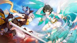  2girls antenna_hair bandages barefoot benghuai_xueyuan blue_sky boots braid bronya_zaychik closed_mouth cloud cloudy_sky drill_hair earrings elbow_gloves fighting flower gloves green_eyes green_hair grey_eyes grey_hair highres holding holding_sword holding_weapon honkai_(series) jewelry long_sleeves looking_at_another multiple_girls navel official_art petals red_flower red_rose rose scarf short_hair short_sleeves sky sword thighhighs third-party_source twin_drills weapon wendy_(honkai_impact) wings 