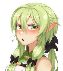  bare_shoulders black_bow blush bow chestnut_mouth colored_eyelashes commentary corset elf english_commentary fantasy female furrowed_brow goblin_slayer! green_corset green_eyes hair_between_eyes hairbow half-closed_eyes high_elf_archer_(goblin_slayer!) highres light_green_hair long_hair looking_at_viewer mismatched_eyelashes nyxkz pointy_ears sidelocks signature simple_background sleeveless solo upper_body white_background 