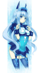  aqua_background black_thighhighs blue_theme commentary_request dodonpachi dodonpachi_saidaioujou expressionless female frills garter_straps grey_eyes grey_hair hairband honeycomb_(pattern) honeycomb_background long_hair maid maria_(saidaioujou) miniskirt pale_skin photoshop_(medium) ryo_(tg290) skirt solo thighhighs wrist_cuffs 