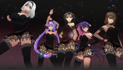  5girls ahoge andou_natsuki anna_nishikinomiya asymmetrical_legwear bad_deviantart_id bad_id black_hair black_legwear black_panties blue_eyes blush bow braid breasts brown_eyes brown_hair choker choujigen_game_neptune commentary commission corset cosplay covered_navel crossover english_commentary flipped_hair frills hair_ornament hairband hairbow itou-memo kitakubu_katsudou_kiroku long_hair medium_breasts mismatched_legwear multiple_crossover multiple_girls neon_trim neptune_(series) noihara_himari omamori_himari panties ponytail purple_eyes purple_hair purple_heart_(neptunia) red_eyes rosario+vampire see-through shimoneta_to_iu_gainen_ga_sonzai_shinai_taikutsu_na_sekai short_hair shuzen_akua skirt smile standing symbol-shaped_pupils thighhighs twin_braids underwear very_long_hair vocaloid white_hair 