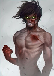  1boy black_hair blood blood_on_face blood_on_hands clenched_hand commentary_request glowing glowing_eyes green_eyes injury looking_at_viewer male_focus malin_falch muscular muscular_male photoshop_(medium) rogue_titan shingeki_no_kyojin solo spoilers teeth titan_(shingeki_no_kyojin) 