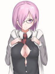  bad_id bad_pixiv_id blush breasts cleavage cleavage_cutout clothing_cutout commentary_request covered_nipples fate/grand_order fate_(series) female glasses grey_sleeves hair_over_one_eye highres mash_kyrielight maza_kisuke medium_breasts necktie purple_eyes purple_hair solo 