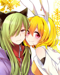  2girls :/ animal_ears blonde_hair cat_ears commentary_request green_hair grey_eyes hair_over_one_eye highres hood hoodie kagerou_project kido_tsubomi kisaragi_momo long_hair multiple_girls ocha_(hutuumikan) photoshop_(medium) pink_eyes rabbit_ears short_hair smile sweatdrop 