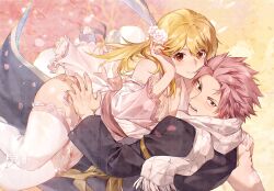  1boy absurdres black_coat blonde_hair brown_eyes coat detached_sleeves dress fairy_tail female flower hair_flower hair_ornament highres long_coat looking_at_viewer lucy_heartfilia natsu_dragneel open_mouth pink_hair scarf short_dress short_hair teeth thighhighs white_dress white_flower white_scarf white_sleeves white_thighhighs xuchuan 