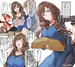  +_+ 1boy :d apron black_thighhighs blue_apron blue_eyes blush breasts brown_hair cleavage closed_eyes collarbone female gran_(granblue_fantasy) granblue_fantasy hand_on_own_hip highres holding holding_plate holding_sack index_finger_raised long_hair looking_at_viewer nos_(nos_tsn) plate raziel_(granblue_fantasy) sack shirt short_hair side_slit smile speech_bubble striped_clothes striped_shirt thighhighs twitter_username vertical-striped_clothes vertical-striped_shirt vyrn_(granblue_fantasy) white_background 