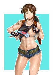  abs azasuke beretta_92 black_lagoon black_tank_top breasts brown_eyes brown_hair clothes_lift collarbone crop_top cutoffs denim denim_shorts fanning fanning_breasts fanning_self female fingerless_gloves gloves gun hand_fan handgun highres holster long_hair midriff muscular muscular_female navel paper_fan ponytail revy_(black_lagoon) shirt_lift short_shorts shorts shoulder_holster shoulder_tattoo simple_background solo sweat tank_top tattoo tribal_tattoo underboob weapon 