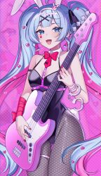  absurdres animal_ears arm_ribbon bare_shoulders bass_guitar black_leotard black_ribbon blue_eyes blue_hair blush bow bowtie breasts cleavage clothing_cutout collar commentary cuffs demcheg fake_animal_ears fishnet_pantyhose fishnets hair_between_eyes hair_ornament hair_ribbon hairband handcuffs hatsune_miku heart heart_cutout heart_hair_ornament highres instrument leotard long_hair looking_at_viewer multicolored_hair music nail_polish necktie open_mouth pantyhose pink_background pink_hair pink_pupils playboy_bunny playing_instrument rabbit_ears rabbit_hair_ornament rabbit_hole_(vocaloid) rabbit_tail red_bow red_bowtie red_nails red_necktie red_ribbon ribbon small_breasts smile standing tail teardrop_facial_mark thigh_strap tie_clip twintails two-tone_hair very_long_hair vocaloid white_collar white_hairband x_hair_ornament 