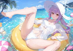  atsuko_(blue_archive) atsuko_(swimsuit)_(blue_archive) ball barefoot beachball bikini blue_archive blue_sky breasts cleavage closed_mouth cloud collarbone commentary_request feet female frilled_bikini frills hat hokori_sakuni innertube jewelry leg_up looking_at_viewer m_legs navel necklace official_alternate_costume paid_reward_available palm_tree peroro_(blue_archive) purple_hair red_eyes rubber_duck sandals sky small_breasts smile soles spread_legs stomach sun_hat swim_ring swimsuit thighs toes tree unworn_sandals white_bikini white_hat 