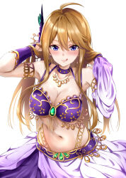  :q absurdres ahoge armpits arms_up bare_shoulders bikini blonde_hair breasts choker cleavage closed_mouth dancer detached_sleeves female gold_trim highres idolmaster idolmaster_million_live! jewelry large_breasts long_hair looking_at_viewer midriff multi-strapped_bikini_top navel necklace purple_bikini purple_choker purple_eyes purple_skirt raidensan single_detached_sleeve skirt smile solo stomach string_bikini sweat swimsuit tokoro_megumi tongue tongue_out very_long_hair 