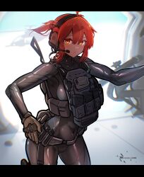  absurdres ahoge aircraft female gloves headset helicopter highres letterboxed load_bearing_vest looking_at_viewer magazine_(weapon) natsukaze_shigure orange_eyes orange_hair original ponytail shiny_clothes skin_tight solo wind wind_lift 