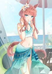  absurdres animal_ears aqua_bikini aqua_eyes aqua_sarong bare_shoulders bikini blunt_bangs blunt_tresses braid crown_braid ear_flower female gradient_bikini gradient_sarong hair_bun highres horse_ears horse_girl horse_tail looking_at_viewer moca_suzuka navel official_alternate_costume official_alternate_hairstyle orange_hair sarong silence_suzuka_(emerald_on_the_waves)_(umamusume) silence_suzuka_(umamusume) single_hair_bun smile solo swimsuit tail umamusume 