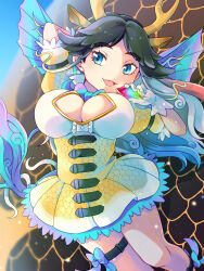  animal_ears black_hair blue_eyes bow bowtie breasts cleavage cleavage_cutout clothing_cutout dragon_ears dress female giraffe_ears giraffe_girl giraffe_horns giraffe_tail gloves highres horns kemono_friends kemono_friends_3 kirin_(kemono_friends) large_breasts long_hair multicolored_hair red_hair scale_print smile solo tail tasa_mo_nochi white_hair wings yellow_trim 