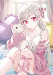  animal animal_hug bare_shoulders blurry blurry_background closed_mouth collarbone comiket_104 commentary_request curtains depth_of_field dress feet_out_of_frame feline female frilled_dress frilled_pillow frills green_eyes grey_hair hair_between_eyes hair_ribbon heart heart-shaped_pillow highres indoors iren_lovel jacket knees_up long_hair long_sleeves looking_at_viewer off_shoulder one_eye_closed open_clothes open_jacket original pillow pink_jacket pink_ribbon puffy_long_sleeves puffy_sleeves red_eyes ribbon sleeves_past_wrists solo very_long_hair white_cat white_dress window 