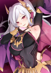  arm_up armlet armpits blush bodystocking bracer breasts bridal_gauntlets cape covered_navel eyes_of_grima female fire_emblem fire_emblem_awakening fire_emblem_heroes glowing_tattoo grima_(fire_emblem) hand_tattoo highres jewelry large_breasts long_hair necklace purple_cape red_eyes robin_(female)_(fell_tactician)_(fire_emblem) robin_(female)_(fire_emblem) robin_(fire_emblem) smile solo swept_bangs tattoo tsuki_tokage twintails white_hair 