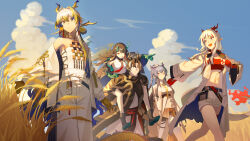  1boy 4girls :d absurdres arknights bandeau bare_shoulders beads belt black_belt black_hair black_jacket black_robe blonde_hair blue_hair blue_sky blush braid brother_and_sister brown_hair carrying chinese_clothes chinese_commentary chong_yue_(arknights) closed_mouth cloud coat colored_extremities commentary_request crop_top day dragon_girl dragon_horns dragon_tail dress dusk_(arknights) earrings family flame-tipped_tail hair_between_eyes hair_intakes hair_over_one_eye highres horns jacket jewelry liang_chan_xing_make_tu ling_(arknights) long_hair long_sleeves looking_at_another looking_at_viewer midriff multicolored_hair multiple_girls navel necklace necktie nian_(arknights) off_shoulder one_eye_covered open_clothes open_coat open_mouth outdoors outstretched_arm pants piggyback plant pointing pointing_at_another pointy_ears purple_eyes purple_hair red_bandeau red_eyes red_hair red_necktie red_sash robe sash shorts shu_(arknights) siblings sisters sky sleeveless sleeveless_dress smile standing strapless streaked_hair sunlight tail tube_top very_long_hair walking wheat white_belt white_coat white_dress white_hair white_jacket white_pants white_shorts white_tube_top yellow_eyes yellow_necktie 