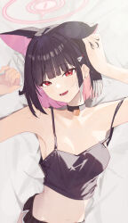  animal_ears black_camisole black_hair blue_archive breasts camisole cat_ears cat_girl colored_inner_hair extra_ears female halo highres kazusa_(blue_archive) looking_at_viewer medium_breasts multicolored_hair ningen_gokko open_mouth pink_hair pink_halo red_eyes short_hair smile solo 