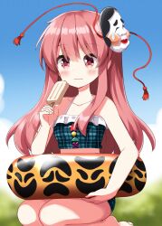  adapted_costume aqua_bikini bikini blurry blurry_background blush chewing closed_mouth collarbone commentary day eating eyes_visible_through_hair female food frilled_bikini frills full_body hair_between_eyes hata_no_kokoro highres holding holding_food ice_cream innertube long_hair mask mask_on_head pink_eyes pink_hair red_ribbon ribbon ruu_(tksymkw) seiza sitting solo swim_ring swimsuit touhou 