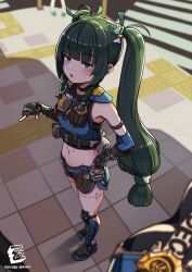  black_shorts blue_gloves blunt_bangs braid breasts crop_top elbow_gloves female full_body gloves green_eyes green_hair hair_ribbon highres long_hair looking_at_viewer midriff nosuku qingyi_(zenless_zone_zero) ribbon short_shorts shorts side_braids small_breasts solo_focus twintails zenless_zone_zero 