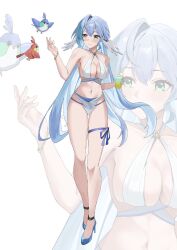  bare_shoulders bikini blue_footwear blue_hair female green_eyes groin head_wings higashiwun_izumi high_heels highres honkai:_star_rail honkai_(series) long_hair navel origami_bird_(honkai:_star_rail) robin_(honkai:_star_rail) smile stomach swimsuit thigh_strap thighs very_long_hair white_background white_bikini wings zoom_layer 