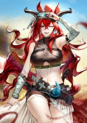  absurdres animal_ears arknights bare_shoulders black_shorts breasts cowboy_shot crop_top detached_sleeves earrings female highres horns jewelry long_hair long_sleeves midriff narantuya_(arknights) navel red_hair short_shorts shorts solo standing stomach thighs very_long_hair yiyanbanshengchou 