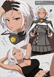  absurdres alternate_costume alternate_hairstyle black_camisole black_gloves black_shorts breasts camisole collar commentary_request cowboy_shot dark-skinned_female dark_skin female forehead glasses gloves grey_hair grey_shirt grey_skirt highres kantai_collection large_breasts lying metal_collar military_uniform multiple_views musashi_(kancolle) musashi_kai_ni_(kancolle) navel parted_bangs red_eyes shirt shorts skirt translation_request uniform unworn_headgear yunamaro 