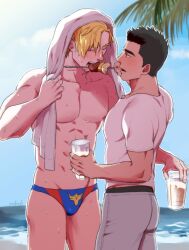  2boys ao_isami bara beach black_hair blonde_hair blue_male_swimwear bulge couple cowboy_shot day duruko facial_hair feeding holding holding_skewer large_pectorals lewis_smith male_focus male_swimwear midriff_peek multiple_boys muscular muscular_male official_alternate_costume pants pectorals profile sideburns_stubble skewer standing stubble sunlight sweat swim_briefs thick_eyebrows topless_male yaoi yuuki_bakuhatsu_bang_bravern 