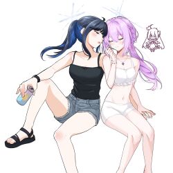  2girls arikalovesyou2 atsuko_(blue_archive) black_camisole black_footwear black_hair blue_archive blue_hair blush bracelet camisole can character_request closed_eyes closed_mouth collaboration colored_inner_hair commentary crop_top denim denim_shorts english_commentary grey_shorts halo hand_up highres holding holding_can holding_hands jewelry long_hair manmaderain multicolored_hair multiple_girls navel necklace ponytail purple_hair sandals saori_(blue_archive) shorts simple_background sitting smile stomach toes watch white_background white_camisole white_shorts wristwatch yuri 