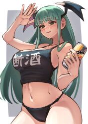  absurdres alcohol alternate_costume ap_cammy bare_shoulders beer black_panties black_tank_top breasts can cleavage commentary_request cowboy_shot demon_girl green_hair head_wings highres holding holding_can large_breasts morrigan_aensland navel panties tank_top translation_request underwear vampire_(game) wings 