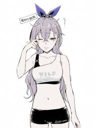  bike_shorts collarbone cowboy_shot crossed_bangs female grey_eyes grey_hair hair_between_eyes honkai:_star_rail honkai_(series) long_hair navel one_eye_closed rubbing_eyes shirt silver_wolf_(honkai:_star_rail) simple_background single-shoulder_shirt solo stomach tearing_up white_background yuuhi_(arcadia) 