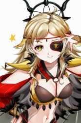  ahoge blonde_hair bodystocking breasts circlet eyepatch feather_collar feather_trim female fire_emblem fire_emblem_fates fire_emblem_heroes hakutou2020 long_hair looking_at_viewer medium_breasts navel o-ring official_alternate_costume ophelia_(fire_emblem) ophelia_(starlit_maiden)_(fire_emblem) shoulder_pads smile solo swept_bangs 