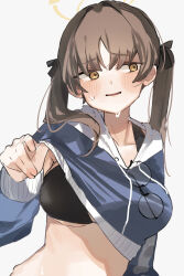  absurdres bikini black_bikini blue_archive blue_hoodie blush breasts brown_hair collarbone female glasses grey_background halo higa_(gominami) highres hood hood_down hoodie large_breasts long_hair long_sleeves moe_(blue_archive) moe_(swimsuit)_(blue_archive) official_alternate_costume open_mouth simple_background solo swimsuit twintails unworn_eyewear yellow_eyes yellow_halo 