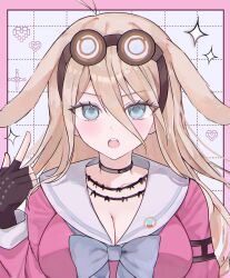  :o animal_ears antenna_hair barbed_wire black_choker border bow bowtie breasts choker cleavage danganronpa_(series) danganronpa_v3:_killing_harmony female goggles goggles_on_head grey_bow grey_bowtie heart highres index_finger_raised iruma_miu large_breasts long_hair mi_suri pink_border pink_shirt rabbit_ears sailor_collar shirt sparkle teeth upper_teeth_only white_background white_sailor_collar 