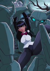  2boys arms_up bad_end black_hair black_jacket black_leotard black_pantyhose blunt_bangs bound bound_legs bound_wrists bow bowtie breasts captured carrying carrying_person collared_shirt dc_comics dc_super_hero_girls defeat female gloves glowing glowing_eyes hair_behind_ear highres holding_another&#039;s_wrists horns imminent_rape immobilization jacket justice_league leg_up leotard lifting_person lips lipstick long_hair long_sleeves looking_at_viewer magic magician makeup medium_breasts monster multiple_boys open_clothes open_jacket pantyhose purple_bow purple_bowtie purple_lips restrained rock separated_legs shirt spread_legs tare-katsu upright_restraints white_shirt wide_spread_legs zatanna_zatara 