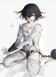  1boy arm_belt ball_and_chain_restraint barefoot black_hair bound bound_arms buttons collarbone commentary_request danganronpa_(series) danganronpa_v3:_killing_harmony flipped_hair hair_between_eyes half-closed_eye highres long_sleeves male_focus multicolored_buttons oma_kokichi open_mouth pale_skin pants purple_eyes purple_hair restrained ringed_eyes ryonasiko short_hair simple_background sitting solo straitjacket sweat thigh_strap tile_floor tiles torn_clothes unzipped white_background 