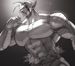  1boy abs antennae bald bara blood blood_on_face broad_shoulders cowboy_shot dandan_mong dragon_ball dragon_ball_super dragon_ball_super_super_hero greyscale highres huge_pectorals looking_at_viewer male_focus monochrome monster_boy muscular muscular_male orange_piccolo piccolo pointy_ears serious solo standing topless_male v-taper 