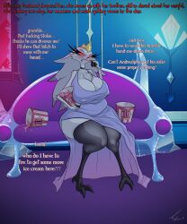  angry anthro avian big_breasts bird breasts bucket_of_chicken chest_(disambiguation) cleavage clothed clothing corruption demon detailed_background dialogue dress eating english_text female food furniture hair hairy helluva_boss hi_res legwear nipple_outline overweight owl owl_demon sitting slob sofa solo stella_(helluva_boss) text thick_thighs thigh_highs toby_art weight_gain 