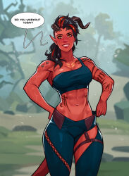  baldur&#039;s_gate baldur&#039;s_gate_3 black_hair black_horns black_pants black_shirt blush broken_horn colored_skin cowboy_shot crop_top demon_girl demon_horns demon_tail dungeons_&amp;_dragons female freckles grin highres horns karlach long_hair looking_at_viewer multicolored_hair navel olena_minko orange_eyes outdoors pants pointy_ears red_hair red_skin shirt smile solo standing stomach tail teeth two-tone_hair 